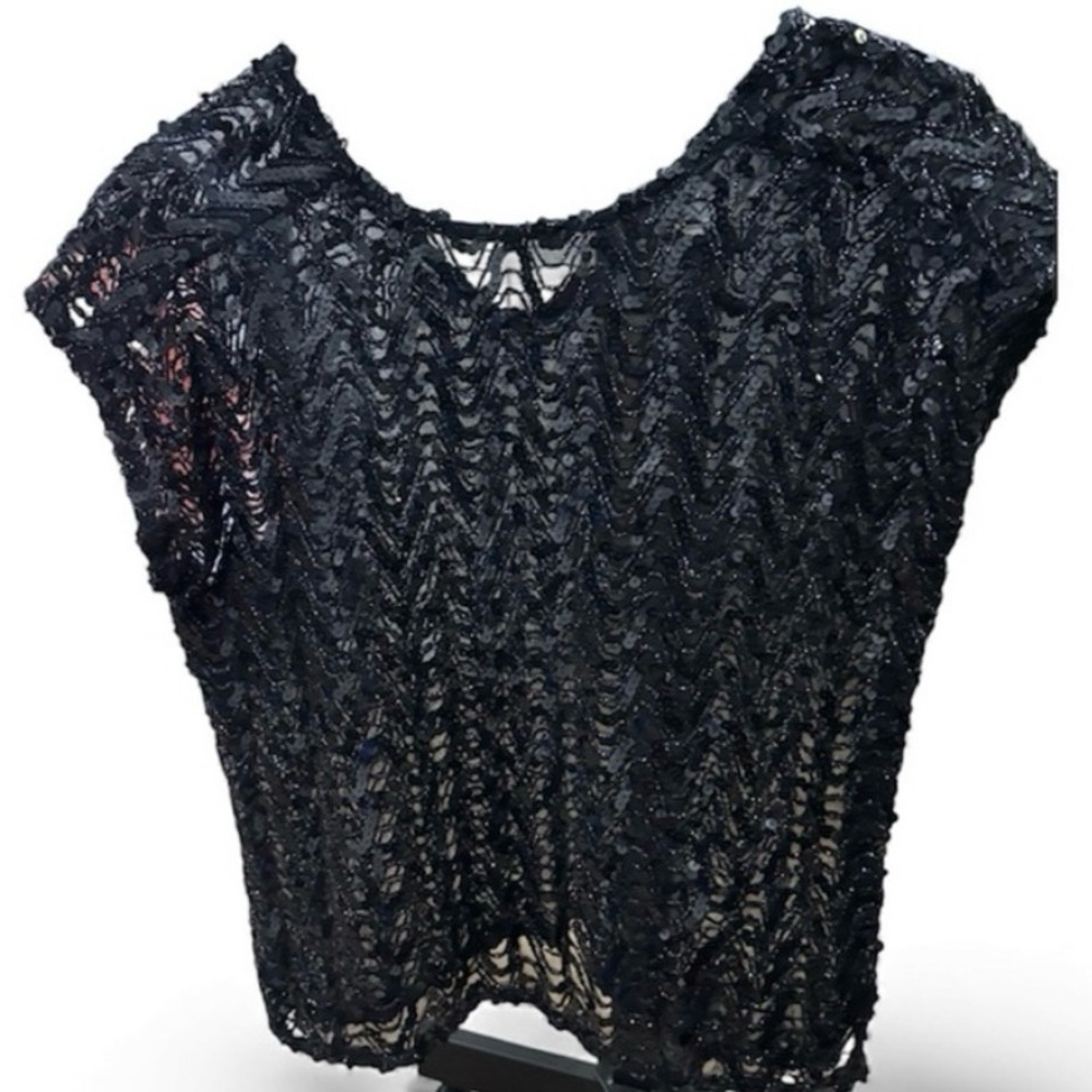 Black Lace Semi Sheer Sequined Top - Picture 2 of 7